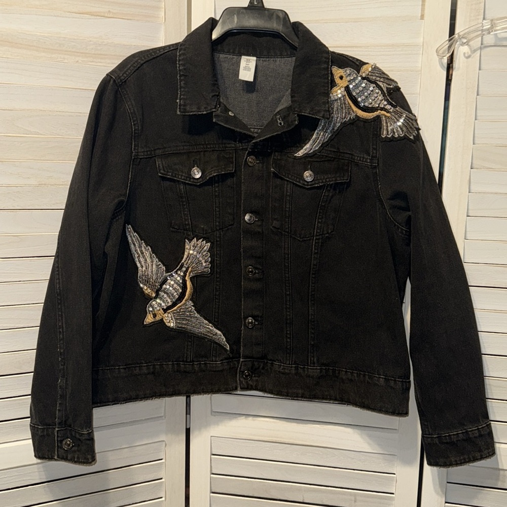Sparkly Black Denim Jacket with Bird Embroidery and Rhinestones. Size 20